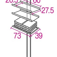1本脚ですっきり置けるモダンランドリーラック 棚2段バスケット2個 幅73cm奥行47cmの画像