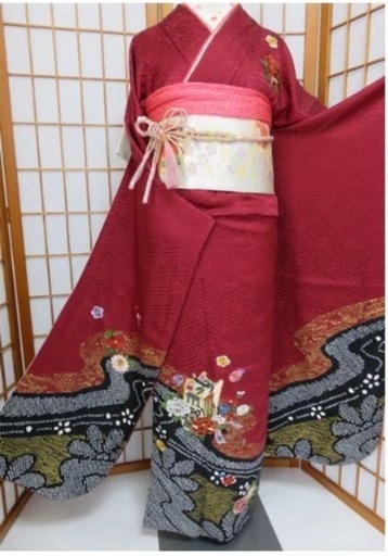 振袖6点セット 深紅 古典柄 金駒刺繍 絞り