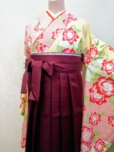 卒業式用二尺袖　ライトイエローに大輪の紅花　used美品