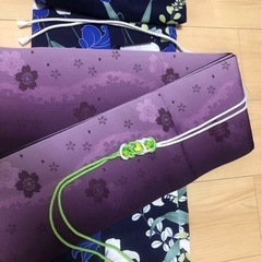 浴衣 セット 藍色 百合 紫 帯 下駄 髪留め