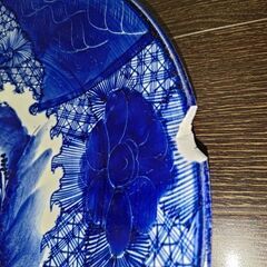 3/10迄引取 【難有】年代物 47cm 古い皿 大皿 陶器 青白の画像