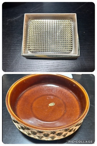 ブラウン陶器ラウンドボウル 編み目模様と剣山のセット