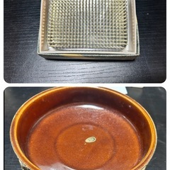 ブラウン陶器ラウンドボウル 編み目模様と剣山のセット