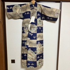 子ども用 綿入り着物 青とベージュ和柄