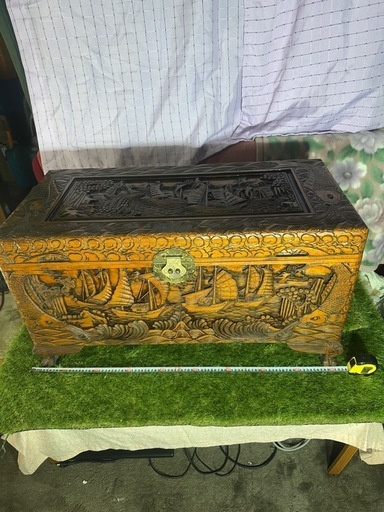 プライスダウン！！極上彫 ！！全面細密彫刻木箱 ボックス アンティーク 財宝箱 アジアン 骨董 置物 飾物 伝統工芸品 芸術 古美術 時代物 宝箱 収納 オブジェ