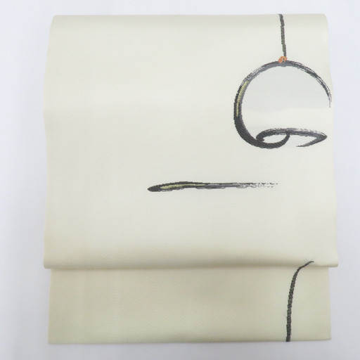 名古屋帯 白地 風鈴柄  白×グレー ふうりん モノトーン シンプル カジュアル 長さ376cm 【キモノオフ野々市若松店】