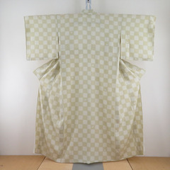 夏着物 小紋 単衣 絽 広衿 正絹 砂色ｘ白色 市松ｘ月に兎模様...