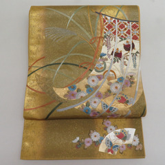 袋帯 正絹 お太鼓柄 蘇州刺繍 金糸銀糸 ゴールドｘ多色 几帳文...