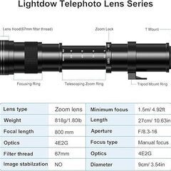 望遠レンズ420-800mm f/8.3 Lightdow 対応ニコンF-mount マニュアルズーム望遠レンズ + T-マウント対応ニコンD5500 D3300 D3200 D5300 D3400 D7200 D750 D3500 D7500 D500 D600 D700 D800 D810 D850 D3100 D5100 D5200 D7000 D7100 一眼レフカメラレンズの画像