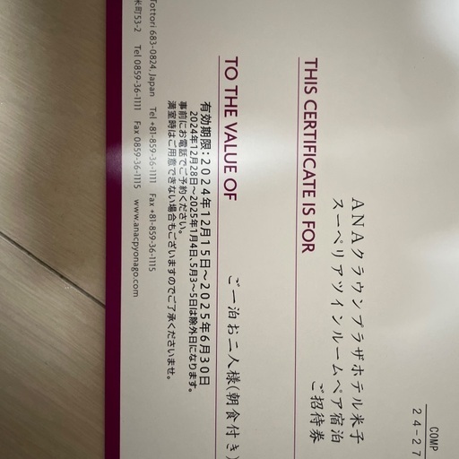 ANAクラウンプラザホテル米子　スーペリアツインルームペア宿泊券