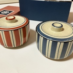 【たち吉】蓋つき煮物椀 赤と青のストライプ2個セット