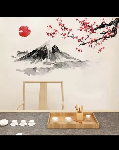 富士山と桜の水彩画ステッカー