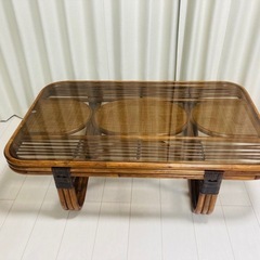 ラタンガラステーブル　長方形　レトロ