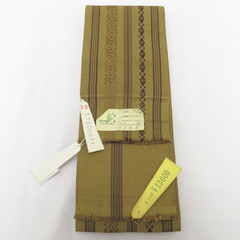 角帯 伝統工芸 本場筑前博多織 タグ付き 絹100％ カラシ色 献上柄 紳士 男性用 定番 正絹 メンズ 男帯 着物 浴衣 和装 長さ416cm 【キモノオフ野々市若松店】の画像