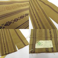 角帯 伝統工芸 本場筑前博多織 タグ付き 絹100％ カラシ色 献上柄 紳士 男性用 定番 正絹 メンズ 男帯 着物 浴衣 和装 長さ416cm 【キモノオフ野々市若松店】の画像