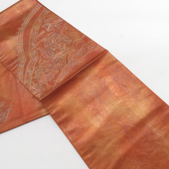 袋帯 蘇州刺繍 スワトウ刺繍 花唐草文様 正絹 茶色 お太鼓柄 カジュアル 仕立て上がり 着物帯 長さ432cm 【キモノオフ野々市若松店】の画像
