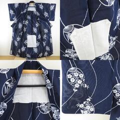浴衣 綿絽 バチ衿 紺色 団扇に菖蒲と撫子文様 夏物 仕立て上がり レディース 女性用ゆかた 身丈160cmの画像