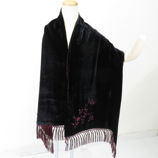 ショール ベルベットショール 黒x小豆色 刺繍入り  長さ　170cm 【キモノオフ野々市若松店】