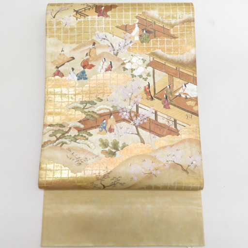 袋帯 平安絵巻文様 金糸 箔入り 金色ｘ多色 六通柄 お太鼓柄 正絹 フォーマル 仕立て上がり 着物帯 長さ440cm 【キモノオフ野々市若松店】
