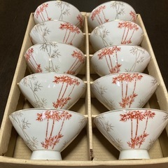 【レトロ食器】【新品未使用】セイホウ　銀彩竹柄のお茶碗　朱色　銀色