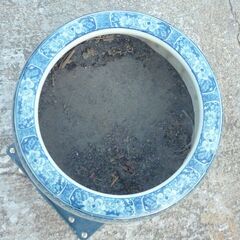 ヴィンテージ レトロ 火鉢 陶器製 水墨画風 1950年代 中振り メダカ鉢 ビオトープ 鉢カバー 和風インテリア 和モダンエクステリアの画像