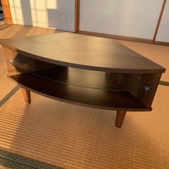 ダークブラウン コーナーテレビ台 ガラス棚付き　角