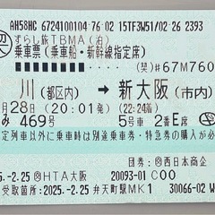 新幹線乗車券（品川→新大阪）2/28 20:01発