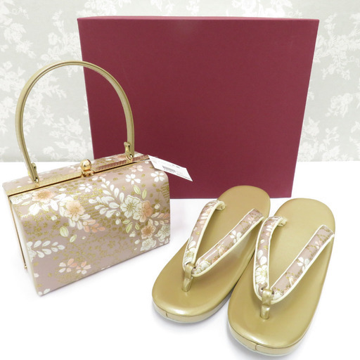 草履・バッグセット 草履バッグセット くすみピンク×金 桜 エナメル LLサイズ 25.5cm フォーマル 成人式 卒業式 訪問着用 新品 【キモノオフ野々市若松店】
