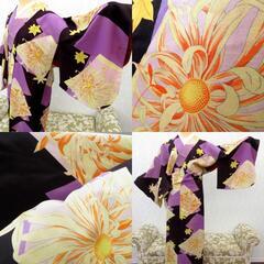 小紋 昔 アンティーク 昔着物 紫 濃淡 クリーム オレンジ 花 葉 バチ衿 正絹 昔きもの レトロ 明治・大正ロマン カジュアル 難あり 身丈150cm 難あり 【キモノオフ野々市若松店】の画像