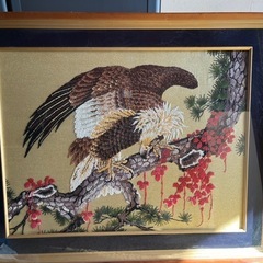 【廃棄処分済み】大型額縁「鷹と松」文化刺繍」