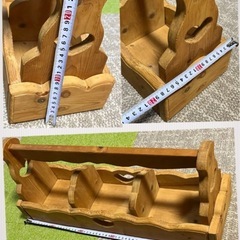 中古 手作り 木工 58cm 　木製小物入れ インテリア雑貨 金属 陶器 缶のおまけ付き カントリー ハンドメイド ナチュラル ペイントにの画像