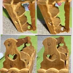 中古 手作り 木工 58cm 　木製小物入れ インテリア雑貨 金属 陶器 缶のおまけ付き カントリー ハンドメイド ナチュラル ペイントにの画像