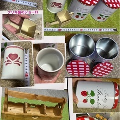 中古 手作り 木工 58cm 　木製小物入れ インテリア雑貨 金属 陶器 缶のおまけ付き カントリー ハンドメイド ナチュラル ペイントにの画像