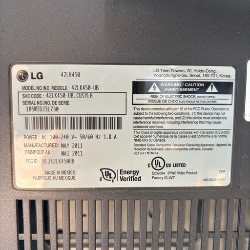 
LG 42LK450-UB 42インチ アメリカ仕様 テレビ ガレージなどに