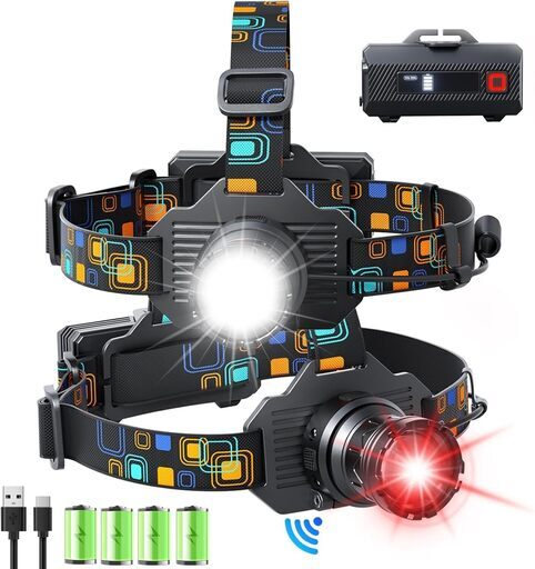 ヘッドライト 省エネチップLED 高輝度600ルーメン USB充電式 防水・防塵IP44 連続照射24時間可能 6種点灯モード+赤色灯+後部認識灯+モーションセンサー搭載 最大照射距離800m 可動式ヘッド90˚角度調整OK 電池残量表示あり 2600mAh高性能充電池2本付属
