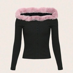 SHEINファーオフショルリブトップス   の画像