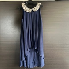 ネイビー ノースリーブ ドレス パール襟 ワンピース お呼ばれ きれいめの画像
