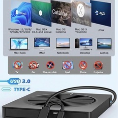 ❤️新品❤️CD DVD ドライブ 外付け cdレコ 光学ドライブ 静音 薄型 超高速データ入出力 USB3.0 Type-cポート両用の画像