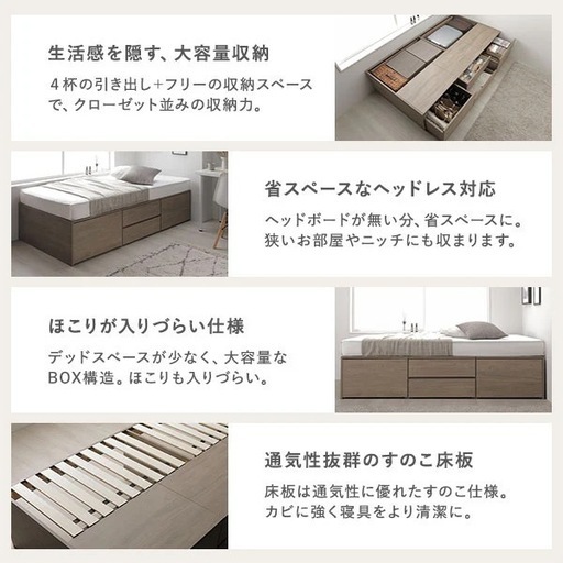 シングルベッドフレーム 収納付きヘッドレスタイプ