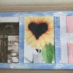 ハンドメイド　青い木製風フレーム 3枚用　ＴハートＫ