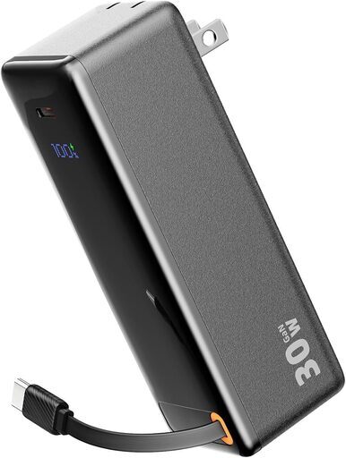 【新品未使用品】モバイルバッテリー コンセント一体型 【PD30W急速充電\u002610000mah大容量】モバイル バッテリー USB充電器搭載 タイプcケーブル内蔵