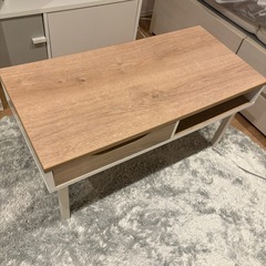 【最短3/8土取引】引き出し付ローテーブル 木目調 白脚の画像