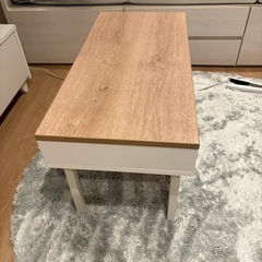 【最短3/8土取引】引き出し付ローテーブル 木目調 白脚の画像
