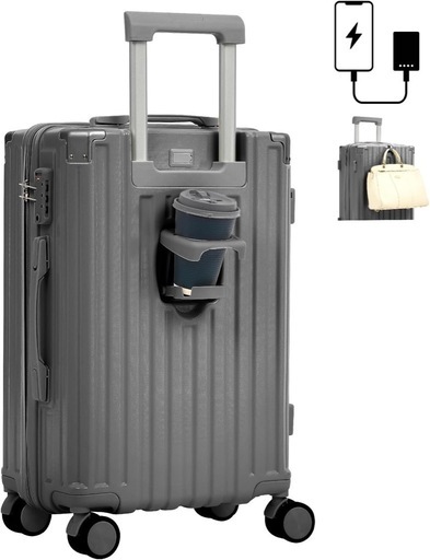 【グレー/XLサイズ/71L/7泊以上】スーツケース USBポート付き 様々な機能で快適な旅行をサポート (カップホルダー付き/フック機能/収納力◎ / 軽量/静音) 国内線 国際線 キャリーケース キャリーバッグ