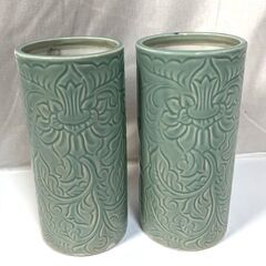 【R326】仏具/花瓶/青磁/唐草模様/昭和レトロ/陶器/花入れ...