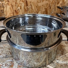 C(7061) ステンレス 蒸し器 鍋 二層 二段 26cm 2個セット 取手付き 両手鍋 厨房用品 飲食店 店舗用 業務用 中古品の画像