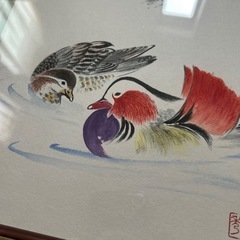 夫婦仲良く　おしどり？カモ？の可愛い水墨画の画像