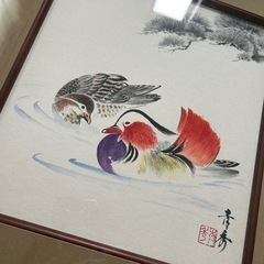 夫婦仲良く　おしどり？カモ？の可愛い水墨画の画像