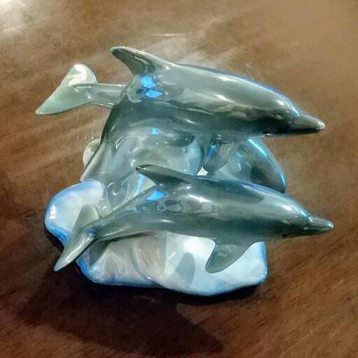 KATO工芸 イルカ 置物 美品 泳ぐイルカ親子 置物 加藤工芸