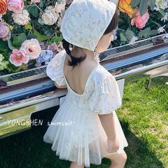 【新品未使用】ワンピース水着 80 90 半袖 ラッシュガード 花柄 白 ベビー スカートの画像
